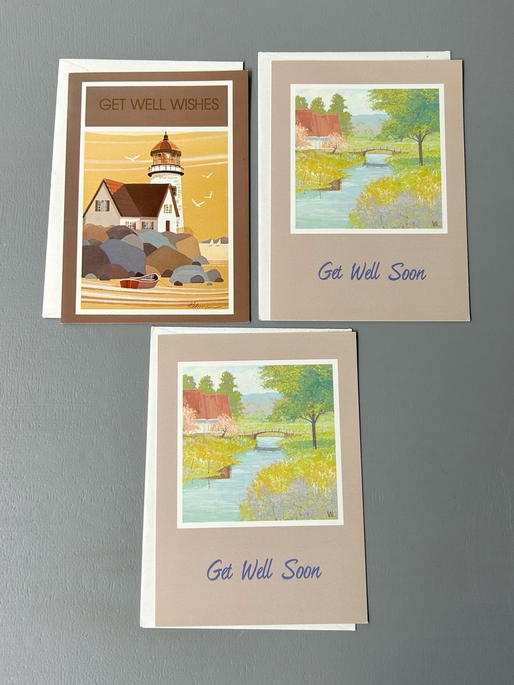 Vintage 1970s Scenic Landscape Get Well Cards Lot of 3 Lighthouse River Scene